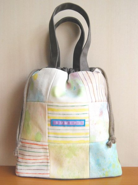 画像1: 【青芒】11号帆布 パッチワーク巾着バッグ/チャコールグレー (1)